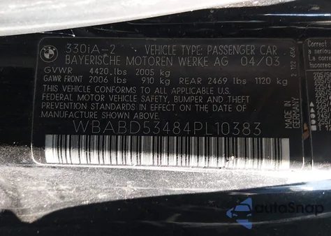 2004 BMW 330Ci z USA, uszkodzony, nr VIN WBABD53484PL10383